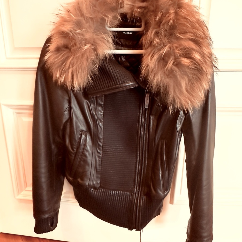 Veste RUDSAK EN CUIR noir avec collet en fourrure amovible